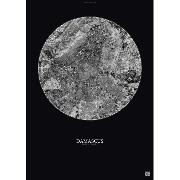 Affiche Damascus – Poster vue satellite 6km N&B | Gravura – Fond foncé