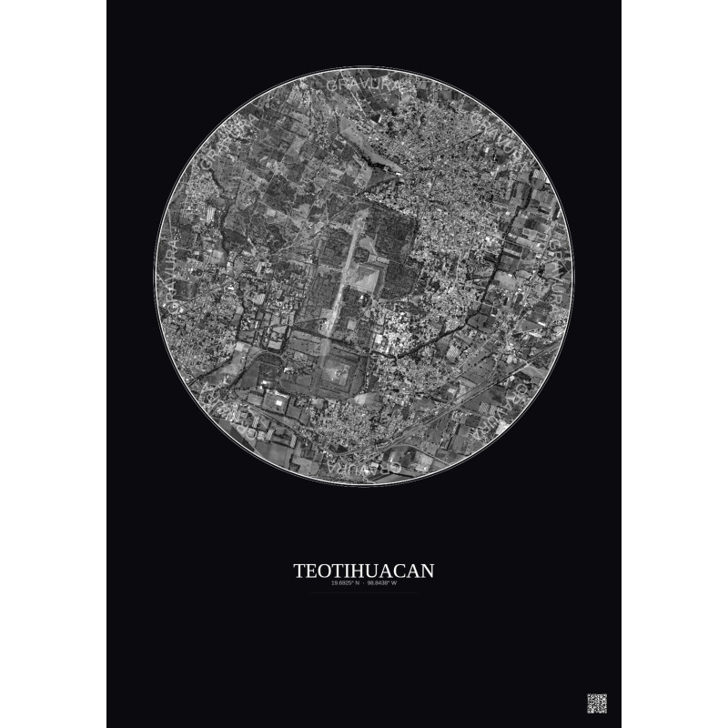 Affiche Teotihuacan – Poster vue satellite 2.5km N&B | Gravura – Fond foncé