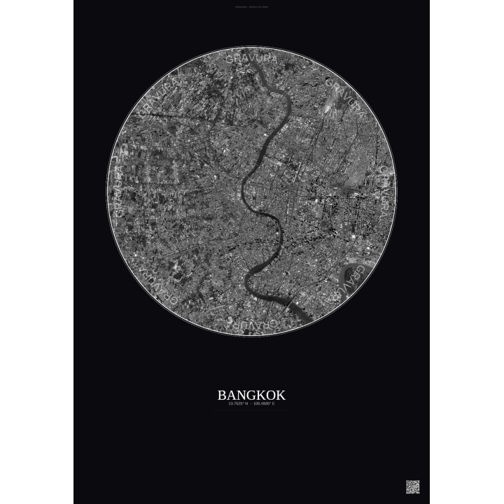 Affiche Bangkok – Poster vue satellite 10km N&B | Gravura – Fond foncé