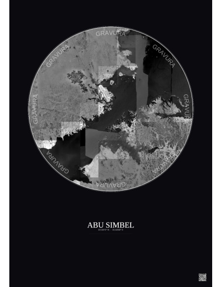 Affiche Abu Simbel – Poster vue satellite 20km N&B | Gravura – Fond foncé
