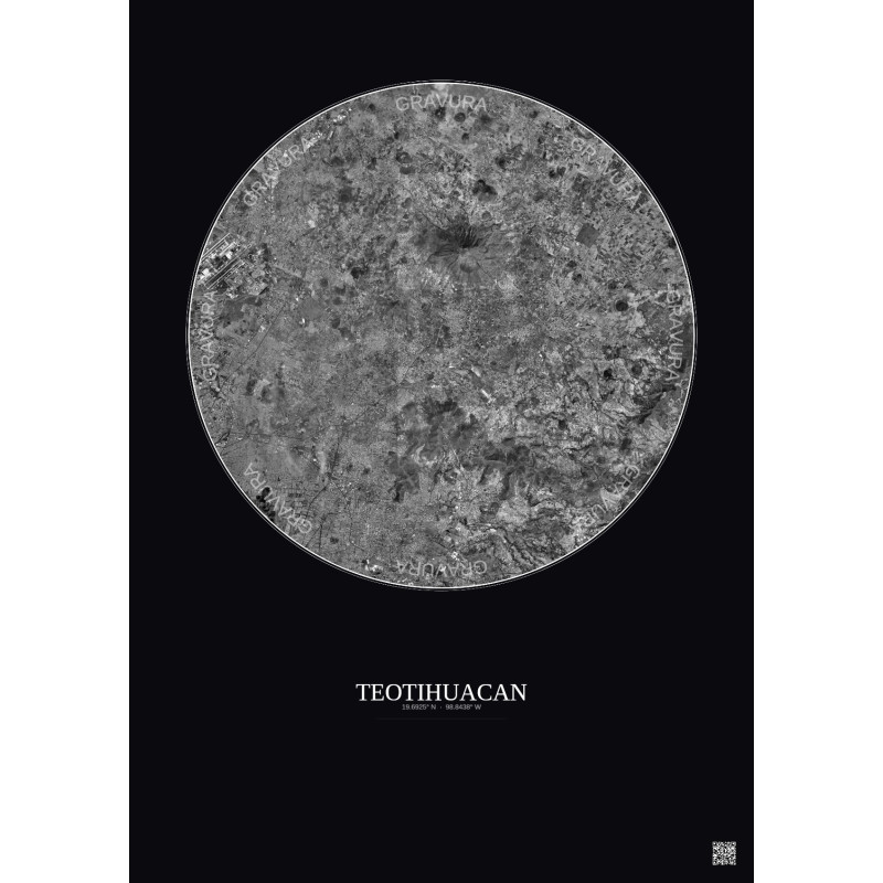 Affiche Teotihuacan – Poster vue satellite 20km N&B | Gravura – Fond foncé