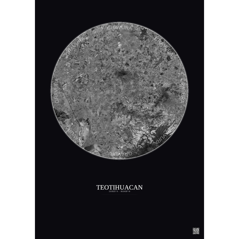 Affiche Teotihuacan – Poster vue satellite 30km N&B | Gravura – Fond foncé