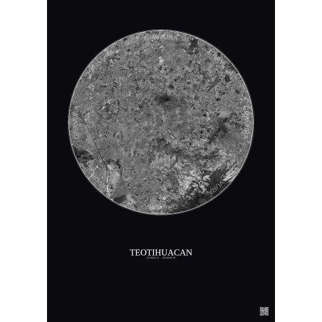 Affiche Teotihuacan – Poster vue satellite 30km N&B | Gravura – Fond foncé