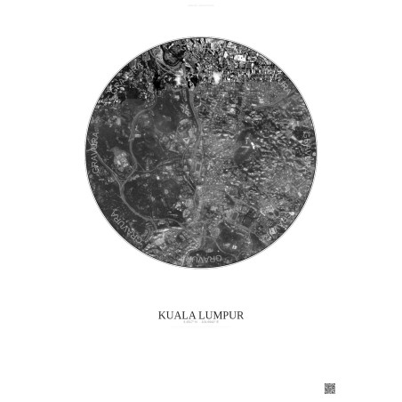 Affiche Kuala Lumpur – Poster vue satellite 2.5km N&B | Gravura – Fond clair