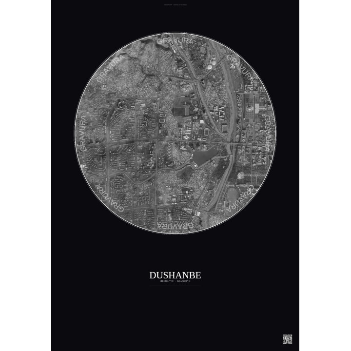 Affiche Dushanbe – Poster vue satellite 2.5km N&B | Gravura – Fond foncé