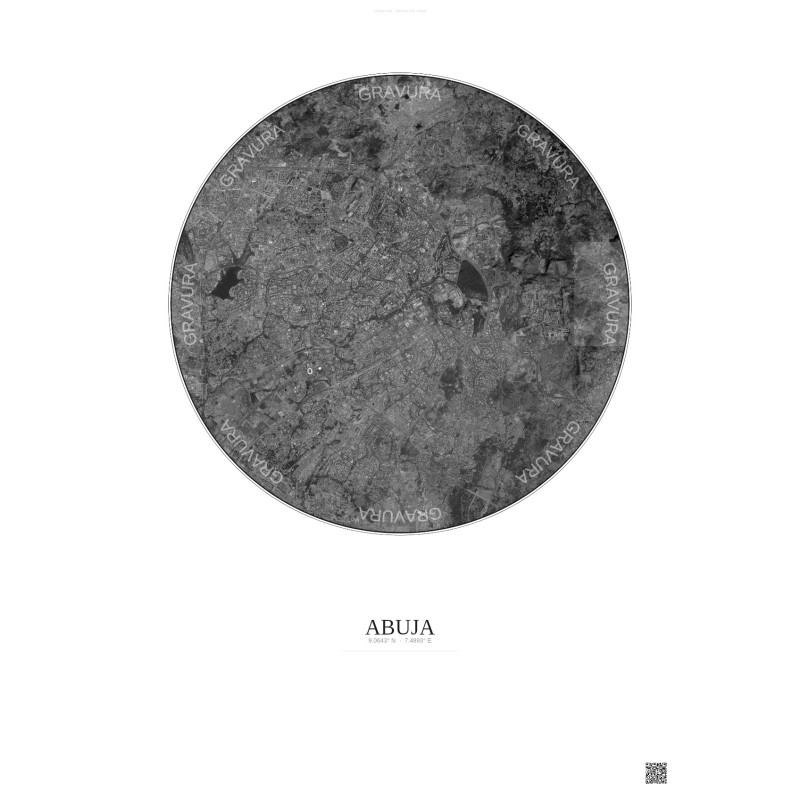 Abuja Satellite View Poster 10km B&W | Gravura – Light background