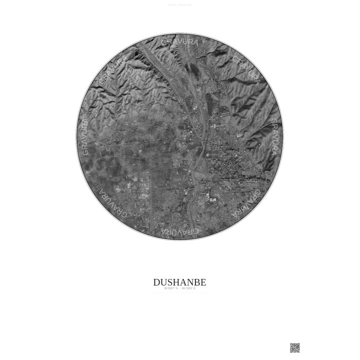 Affiche Dushanbe – Poster vue satellite 6km N&B | Gravura – Fond clair