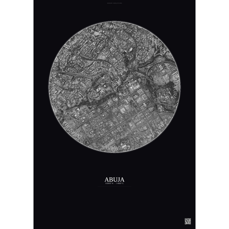 Affiche Abuja – Poster vue satellite 2.5km N&B | Gravura – Fond foncé