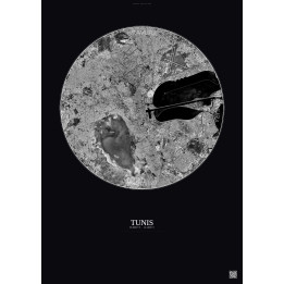 Affiche Tunis – Poster vue satellite 10km N&B | Gravura – Fond foncé