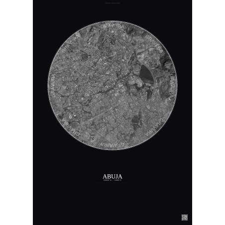 Affiche Abuja – Poster vue satellite 6km N&B | Gravura – Fond foncé