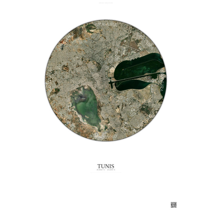 Affiche Tunis – Poster vue satellite 10km Couleur | Gravura – Fond clair