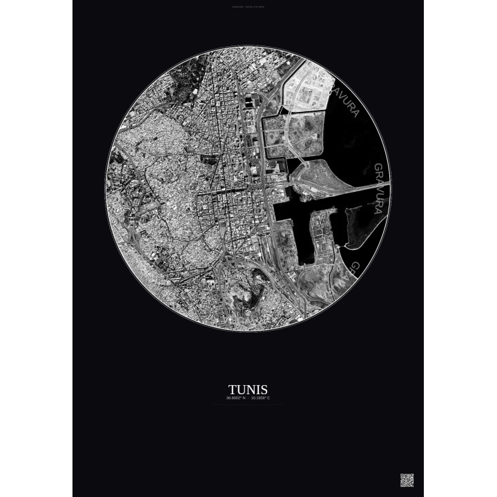 Affiche Tunis – Poster vue satellite 2.5km N&B | Gravura – Fond foncé