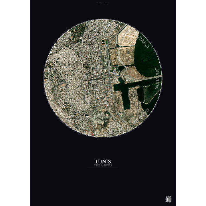 Affiche Tunis – Poster vue satellite 2.5km Couleur | Gravura – Fond foncé