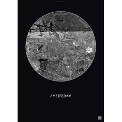 Affiche Amsterdam – Poster vue satellite 10km N&B | Gravura – Fond foncé