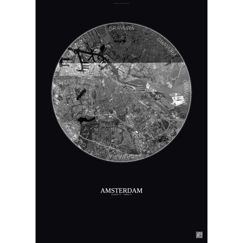 Affiche Amsterdam – Poster vue satellite 10km N&B | Gravura – Fond foncé