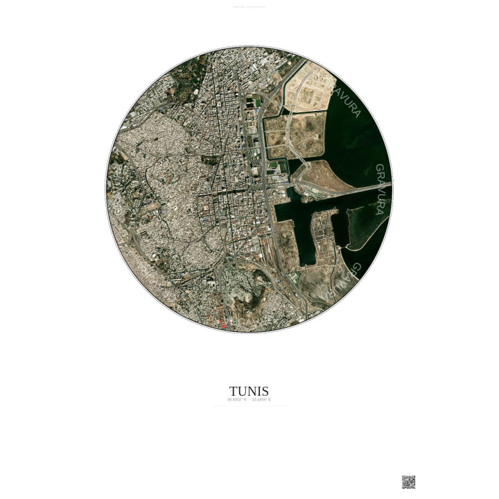 Affiche Tunis – Poster vue satellite 2.5km Couleur | Gravura – Fond clair