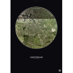 Affiche Amsterdam – Poster vue satellite 10km Couleur | Gravura – Fond foncé