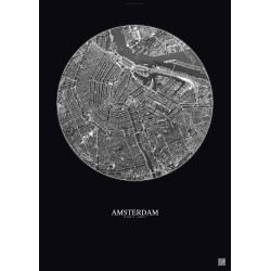 Affiche Amsterdam – Poster vue satellite 2.5km N&B | Gravura – Fond foncé