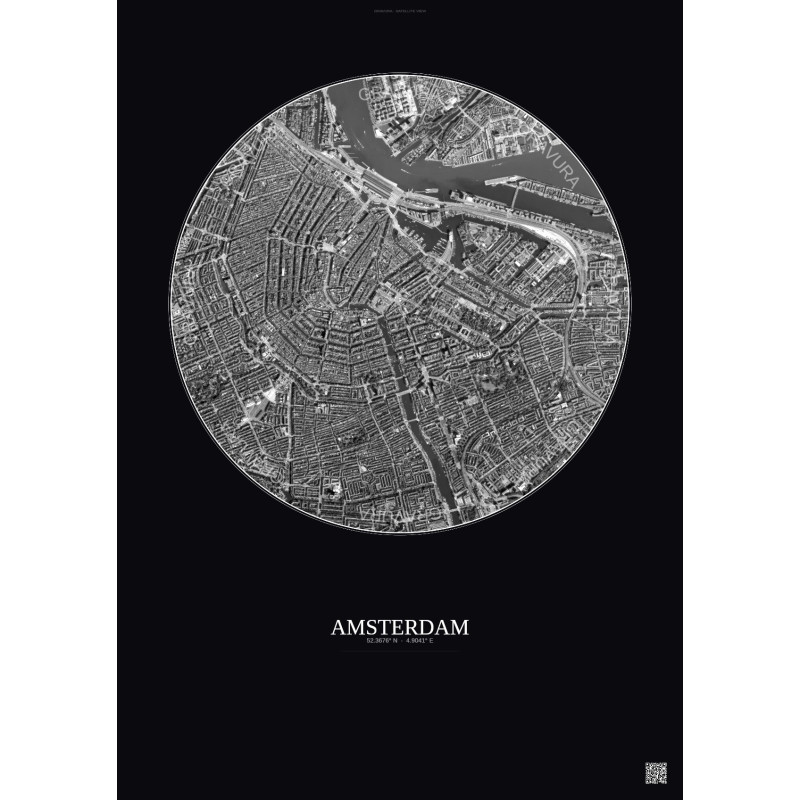 Affiche Amsterdam – Poster vue satellite 2.5km N&B | Gravura – Fond foncé