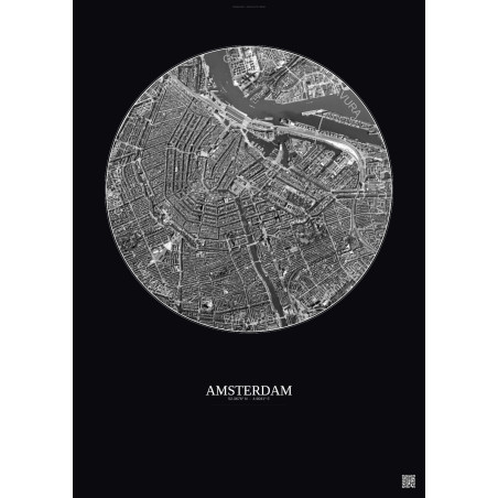 Affiche Amsterdam – Poster vue satellite 2.5km N&B | Gravura – Fond foncé