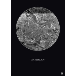 Affiche Amsterdam – Poster vue satellite 6km N&B | Gravura – Fond foncé
