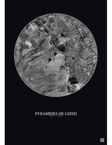 Affiche Pyramides De Gizeh – Poster vue satellite 2.5km N&B | Gravura – Fond foncé