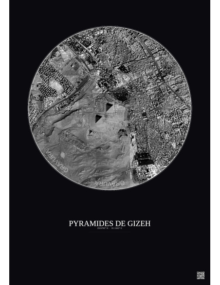 Affiche Pyramides De Gizeh – Poster vue satellite 2.5km N&B | Gravura – Fond foncé