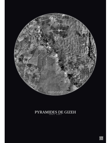 Affiche Pyramides De Gizeh – Poster vue satellite 10km N&B | Gravura – Fond foncé