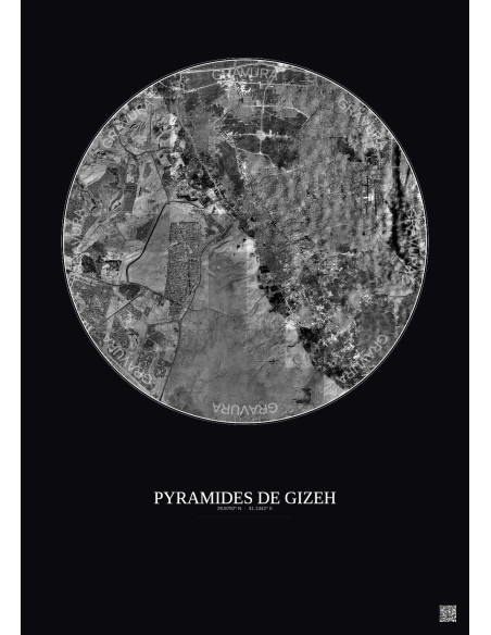 Affiche Pyramides De Gizeh – Poster vue satellite 10km N&B | Gravura – Fond foncé