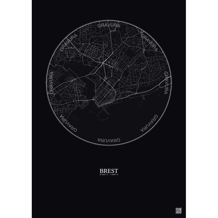 Affiche Brest – Poster carte de ville 2.5km | Gravura – Fond foncé