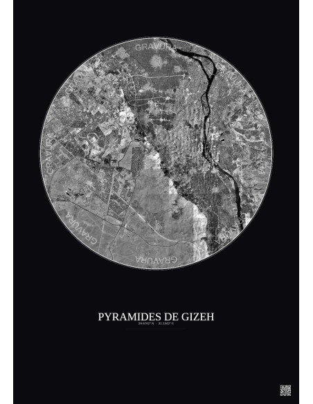 Affiche Pyramides De Gizeh – Poster vue satellite 20km N&B | Gravura – Fond foncé