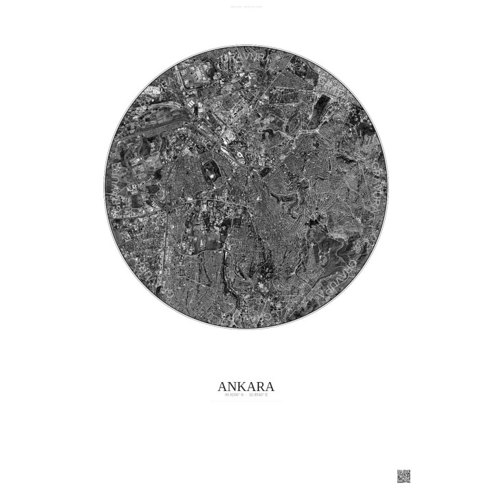 Affiche Ankara – Poster vue satellite 6km N&B | Gravura – Fond clair