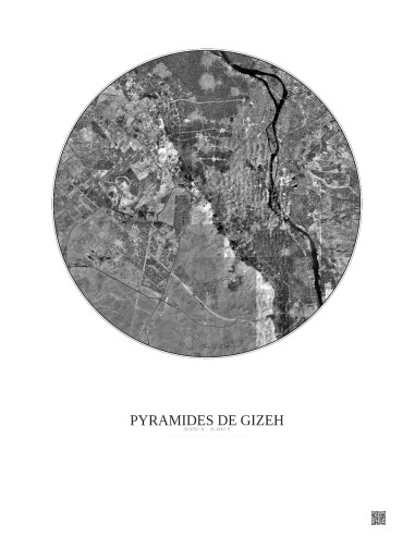 Affiche Pyramides De Gizeh – Poster vue satellite 20km N&B | Gravura – Fond clair