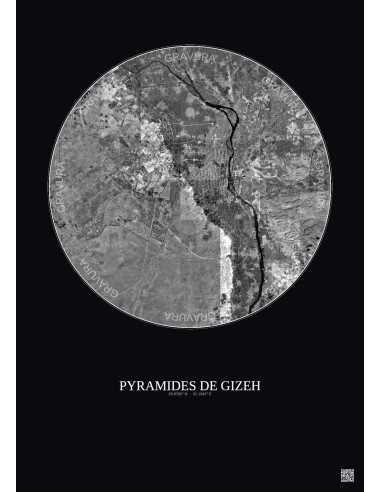 Affiche Pyramides De Gizeh – Poster vue satellite 30km N&B | Gravura – Fond foncé