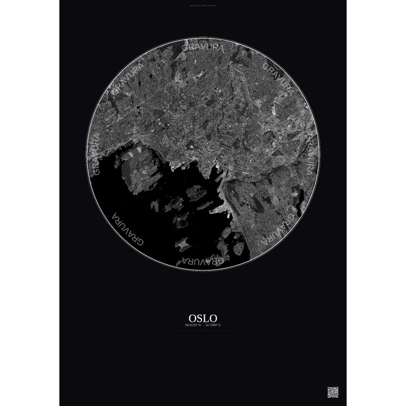 Affiche Oslo – Poster vue satellite 6km N&B | Gravura – Fond foncé