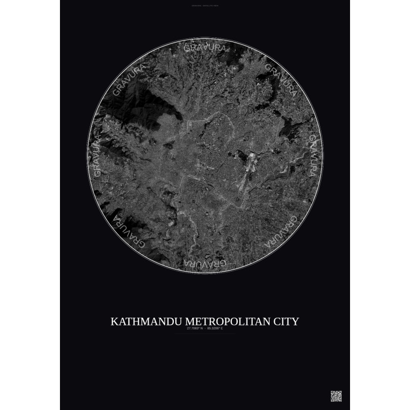 Affiche Kathmandu Metropolitan City – Poster vue satellite 10km N&B | Gravura – Fond foncé