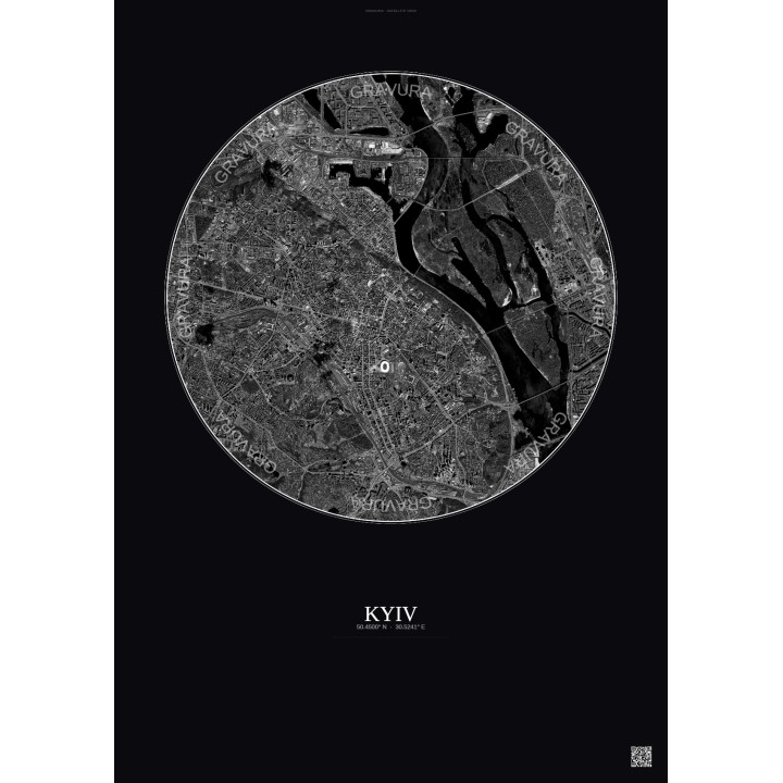 Affiche Kyiv – Poster vue satellite 6km N&B | Gravura – Fond foncé