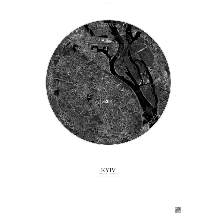 Affiche Kyiv – Poster vue satellite 6km N&B | Gravura – Fond clair