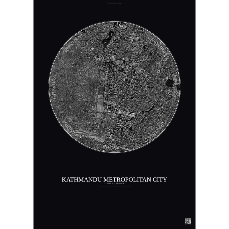 Affiche Kathmandu Metropolitan City – Poster vue satellite 2.5km N&B | Gravura – Fond foncé