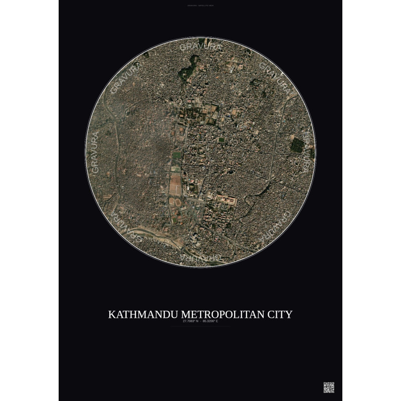 Affiche Kathmandu Metropolitan City – Poster vue satellite 2.5km Couleur | Gravura – Fond foncé