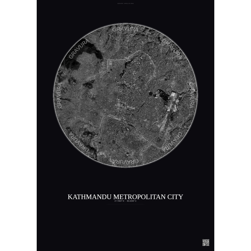 Affiche Kathmandu Metropolitan City – Poster vue satellite 6km N&B | Gravura – Fond foncé