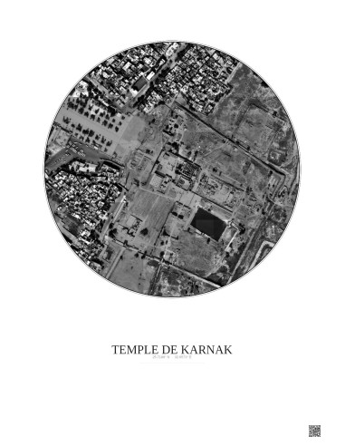 Affiche Temple De Karnak – Poster vue satellite 0.5km N&B | Gravura – Fond clair