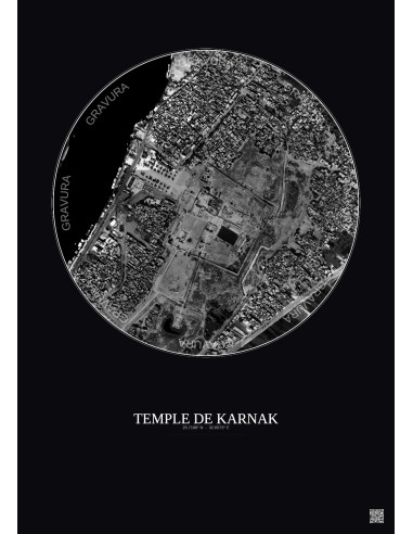 Affiche Temple De Karnak – Poster vue satellite 1km N&B | Gravura – Fond foncé
