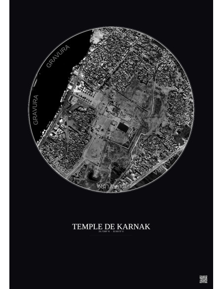 Affiche Temple De Karnak – Poster vue satellite 1km N&B | Gravura – Fond foncé