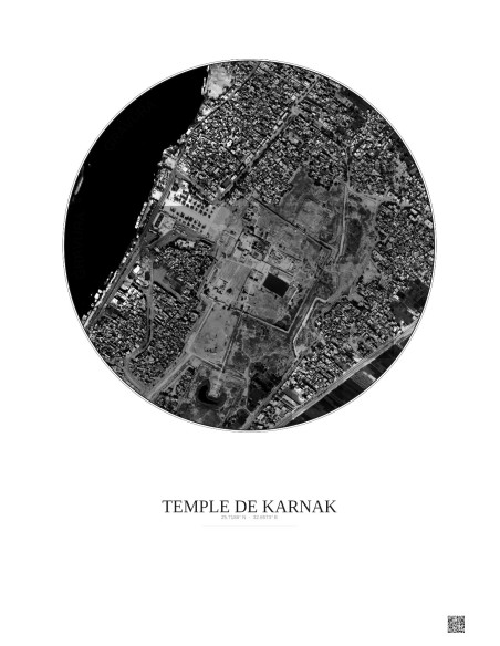 Affiche Temple De Karnak – Poster vue satellite 1km N&B | Gravura – Fond clair