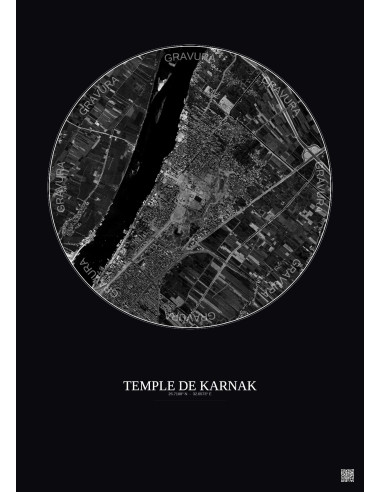 Affiche Temple De Karnak – Poster vue satellite 2.5km N&B | Gravura – Fond foncé