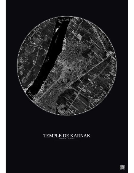 Affiche Temple De Karnak – Poster vue satellite 2.5km N&B | Gravura – Fond foncé