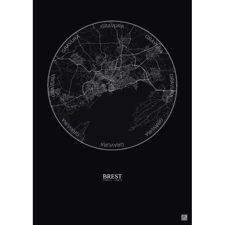 Affiche Brest – Poster carte de ville 10km | Gravura – Fond foncé