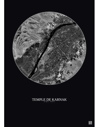 Affiche Temple De Karnak – Poster vue satellite 10km N&B | Gravura – Fond foncé