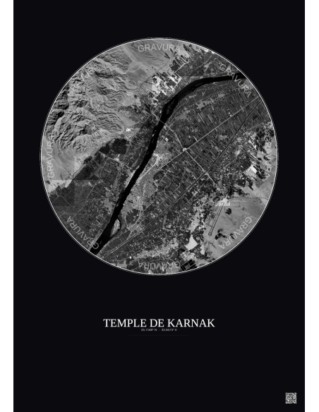 Affiche Temple De Karnak – Poster vue satellite 10km N&B | Gravura – Fond foncé